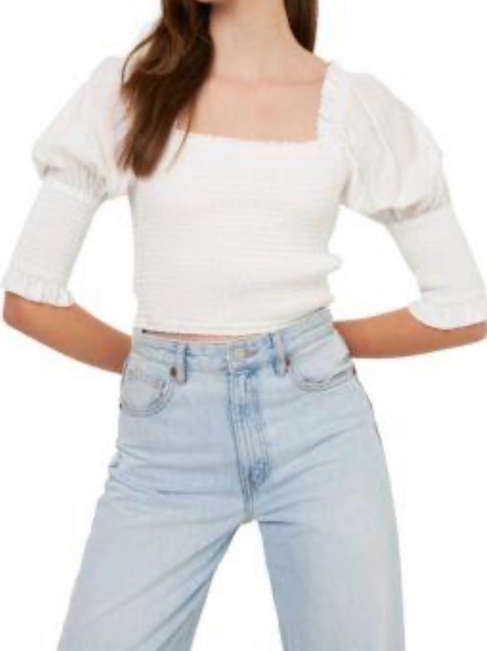 Endless Rose White Smocked Square-Neck Puff Sleeve Crop Top